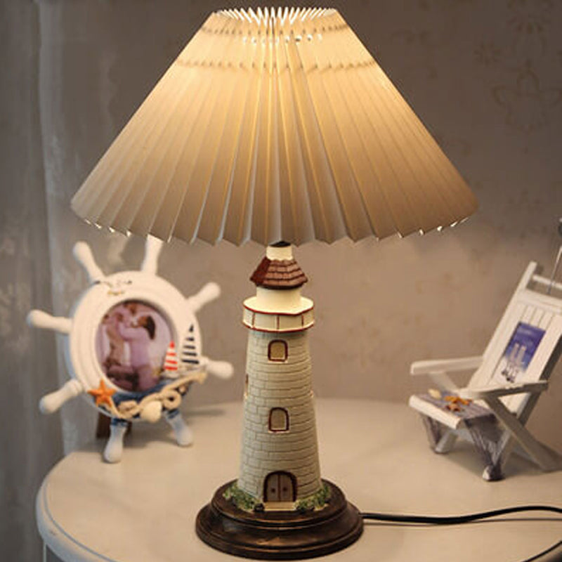 Creative Mediterranean Pleated Lampshade Lighthouse Base 1-Light Table Lamp