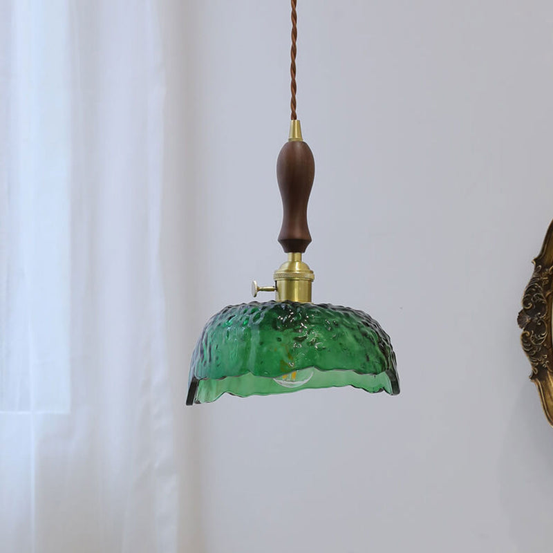 Vintage Glass Walnut Brass Dome 1-Light  Pendant Light