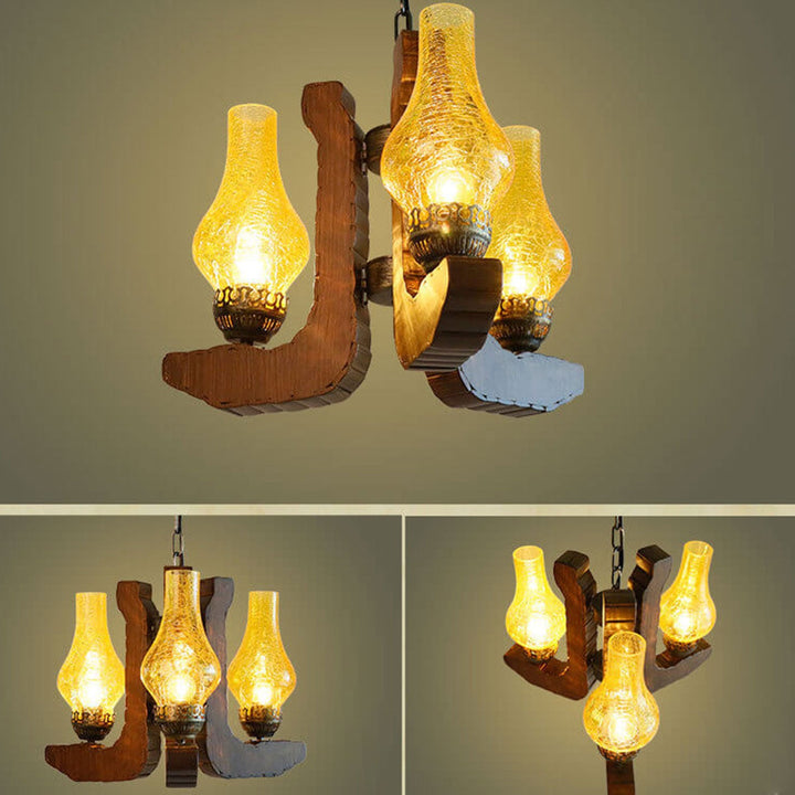 Industrielle Massivholz Antik-Design 3-Licht Kronleuchter 