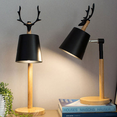 Lampe de table 1 lumière en bois et fer au design créatif nordique avec motif de renne 