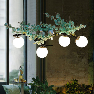 Industrial Creative Birdie Plant Glass Ball 4-Light Chandelier