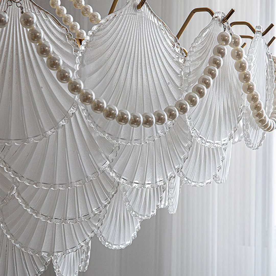 Lámpara de araña de concha de vidrio con perlas redondas de lujo ligero francés de 5/6/8 luces 