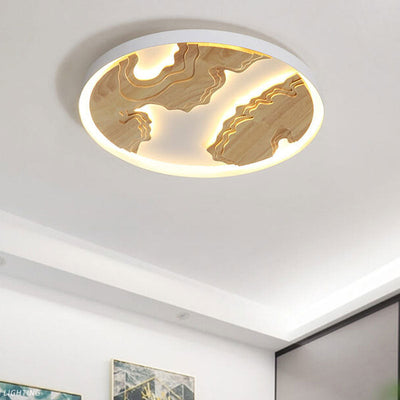 Modern Solid Wood Round Landscape LED Flush Mount Ceiling Light