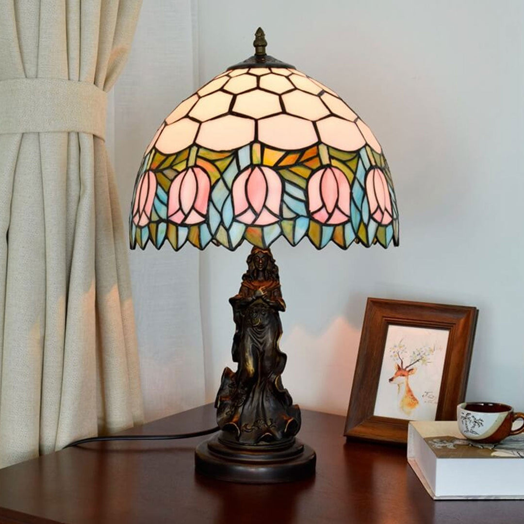 Lámpara de Mesa de 1 Luz con Base de Ángel de Vidrio Tiffany Tulip Vintage 