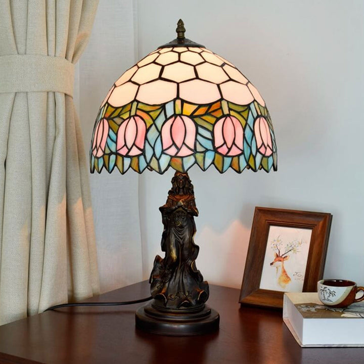 Lámpara de Mesa de 1 Luz con Base de Ángel de Vidrio Tiffany Tulip Vintage 