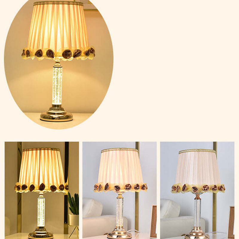 European Floral Fabric Shade Crystal Lamp Base 1-Light Table Lamp