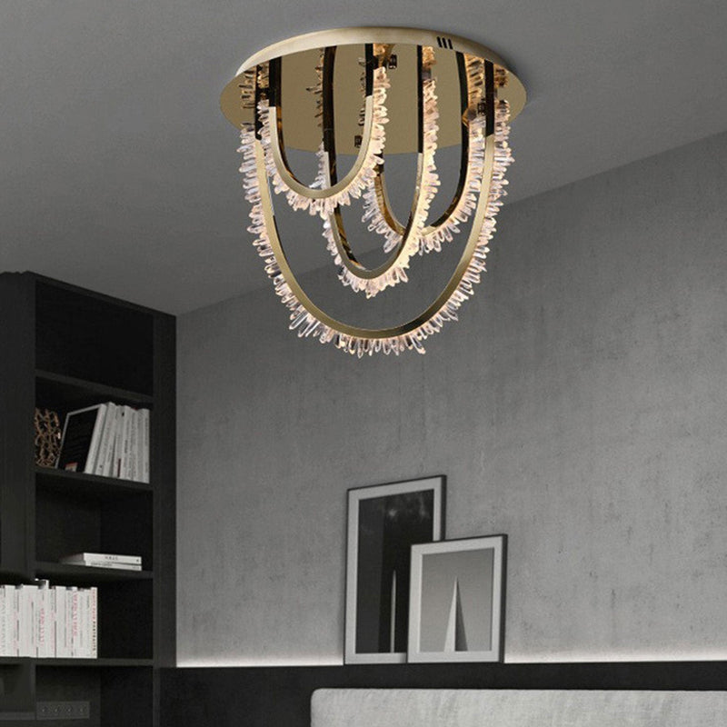 European Light Luxury Stainless Steel Crystal LED Flush Mount Ceiling Light