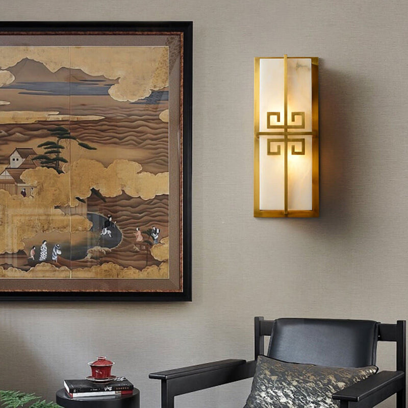 New Chinese Style Full Copper Pattern Design Marble 2-Light Wall Sconce Lamp