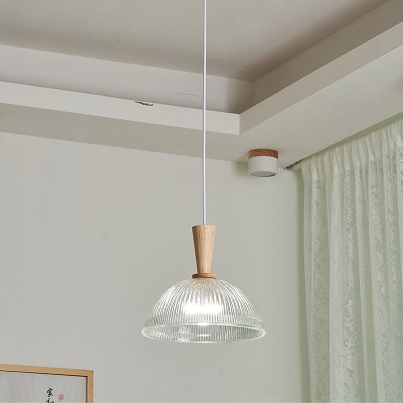 Modern Minimalist Textured Dome Glass Wood  Handle 1-Light Pendant Light