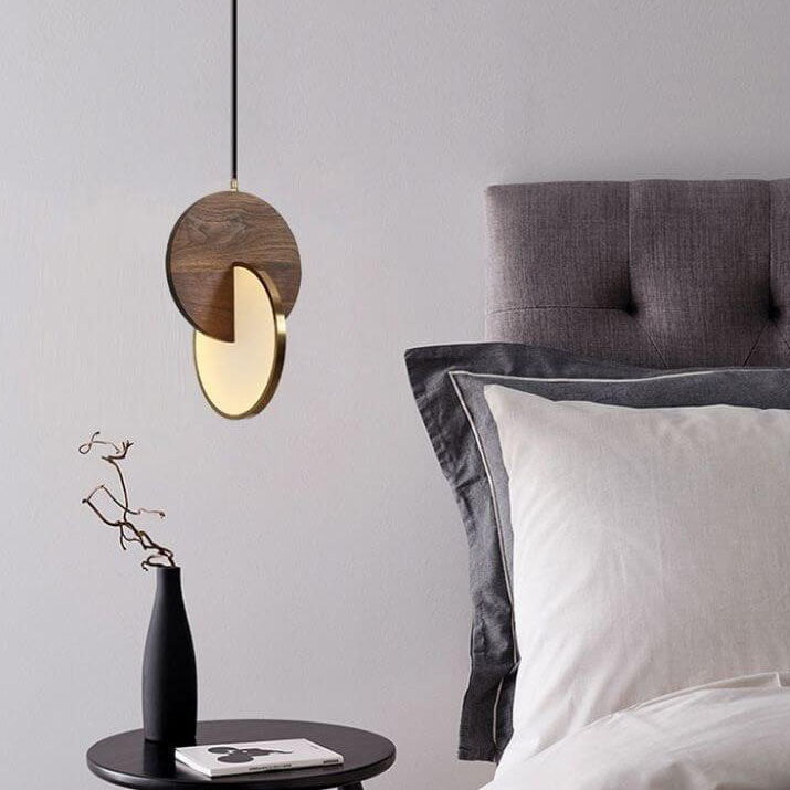 Modern Walnut Solid Wood Round Dish 1-Light LED Pendant Light