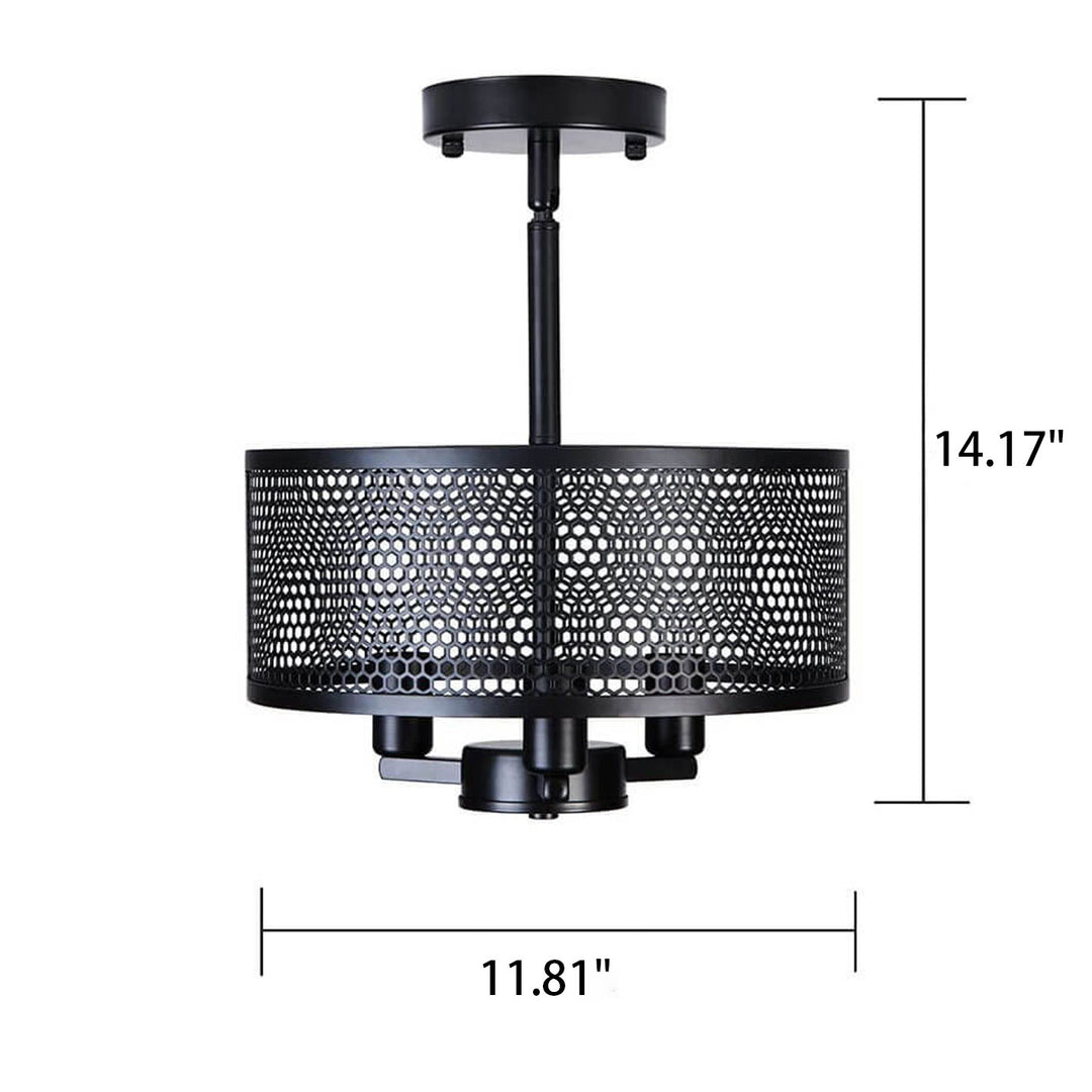 Lustre industriel rond en fer forgé noir à 3 lumières 