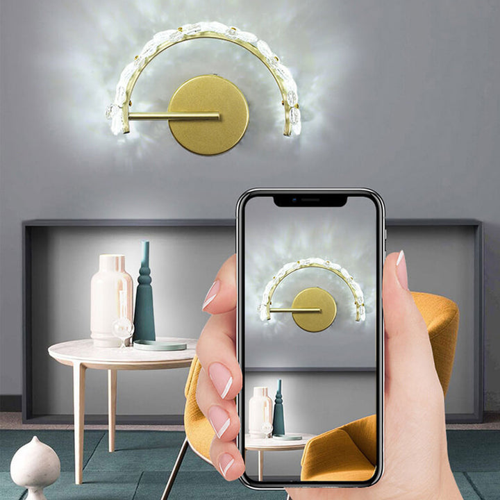Aplique de pared LED en forma de media luna con flor de cristal dorado nórdico 