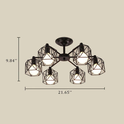 Schmiedeeiserne Kronleuchter mit 6 geometrischen Lampenschirmen 
