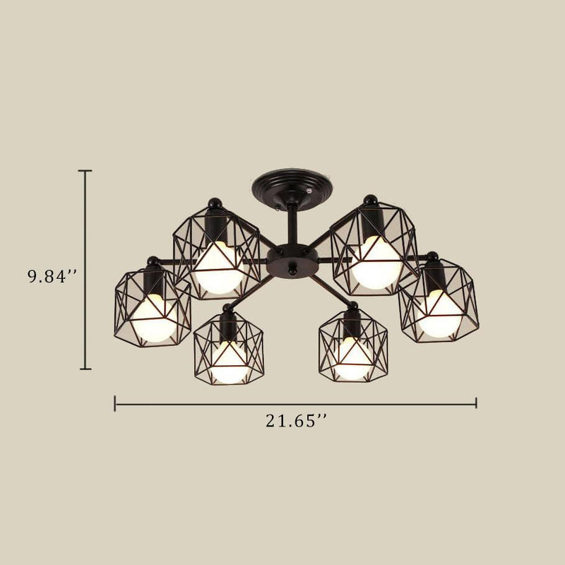 Schmiedeeiserne Kronleuchter mit 6 geometrischen Lampenschirmen 