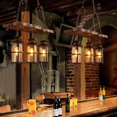 Industrial Wood 3-Light Metal Cage Lantern Chandeliers