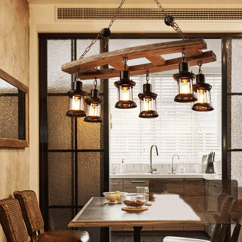 Retro Holz 6-Licht Laternen-Kronleuchter 