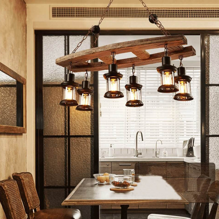 Retro Holz 6-Licht Laternen-Kronleuchter 