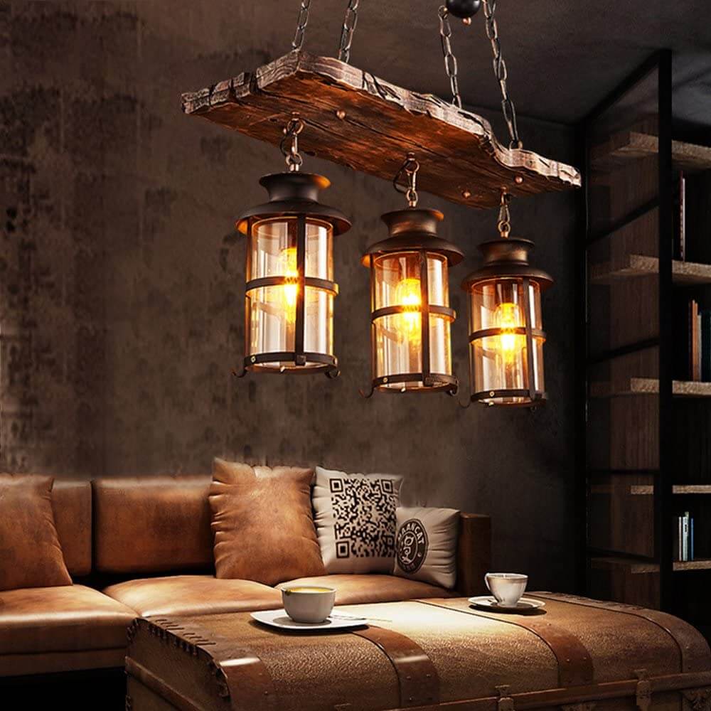 Industrielle Holz 3-Licht Metallkäfig-Laternen-Kronleuchter 
