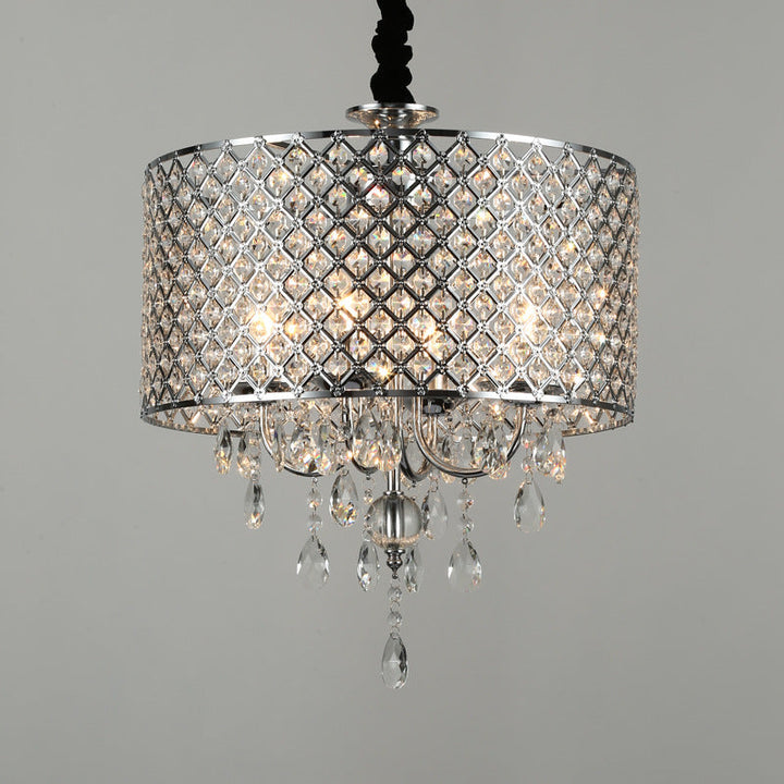 Lustre moderne à 4 lumières en forme de résille en cristal avec abat-jour rond