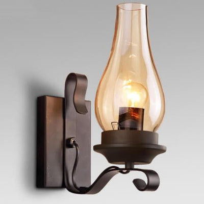 Vintage Glass Shade Wrought Iron Kerosene 1-Light Wall Sconce Lamp