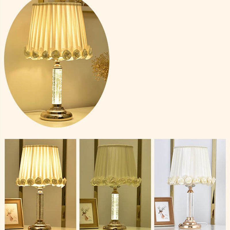 European Floral Fabric Shade Crystal Lamp Base 1-Light Table Lamp