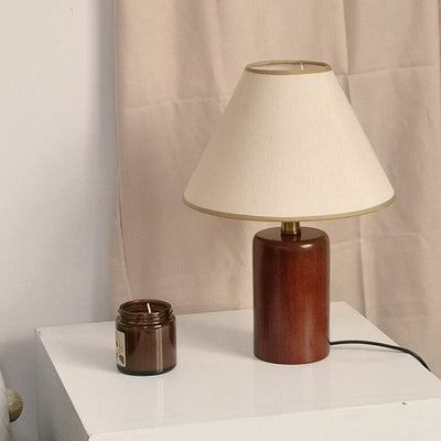 Vintage Pleated Cone Fabric Wooden Column 1-Light Table Lamp