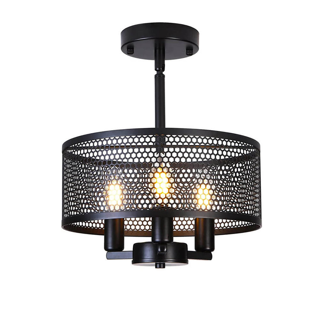 Lustre industriel rond en fer forgé noir à 3 lumières 