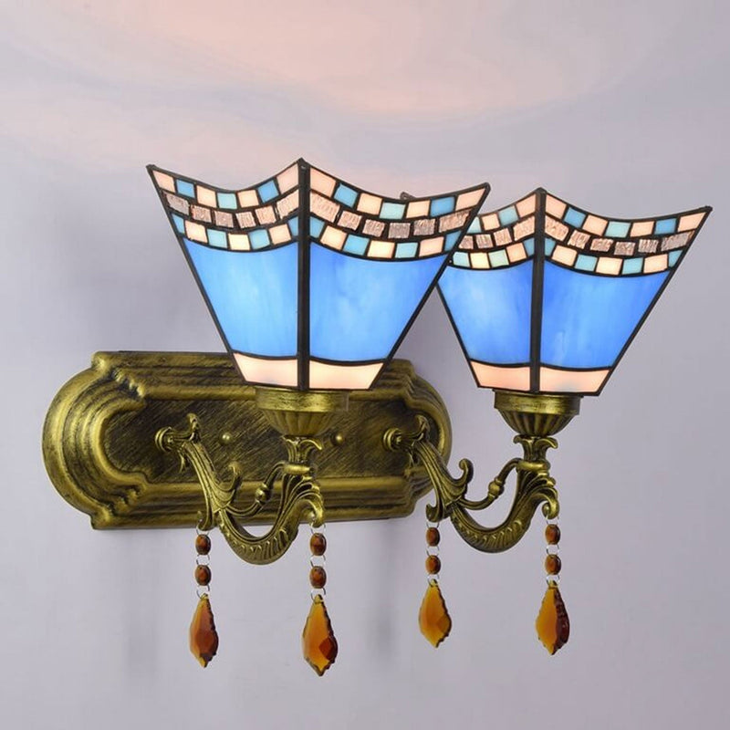 European Creative Tiffany Blue Glass Crystal 2-Light Wall Sconce Lamp