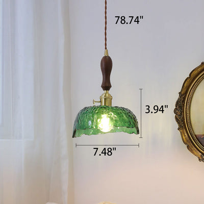 Vintage Glass Walnut Brass Dome 1-Light  Pendant Light