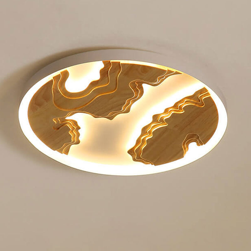 Modern Solid Wood Round Landscape LED Flush Mount Ceiling Light