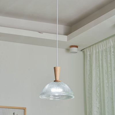 Modern Minimalist Textured Dome Glass Wood  Handle 1-Light Pendant Light