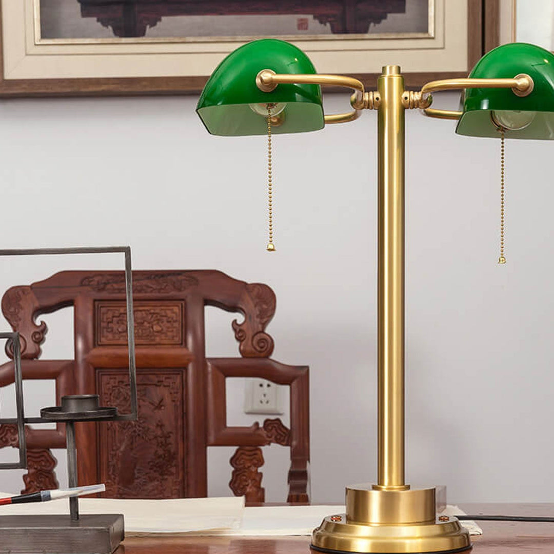 Lampe de table vintage en laiton vert à 2 lumières avec cordon de tirage et toucher 