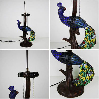 Tiffany Classical Flower Stained Glass Peacock Base 3-Light Table Lamp