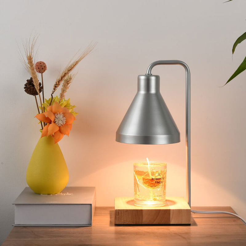 Lampe de table à cire fondante à 2 lumières avec abat-jour conique simple et base en bois 