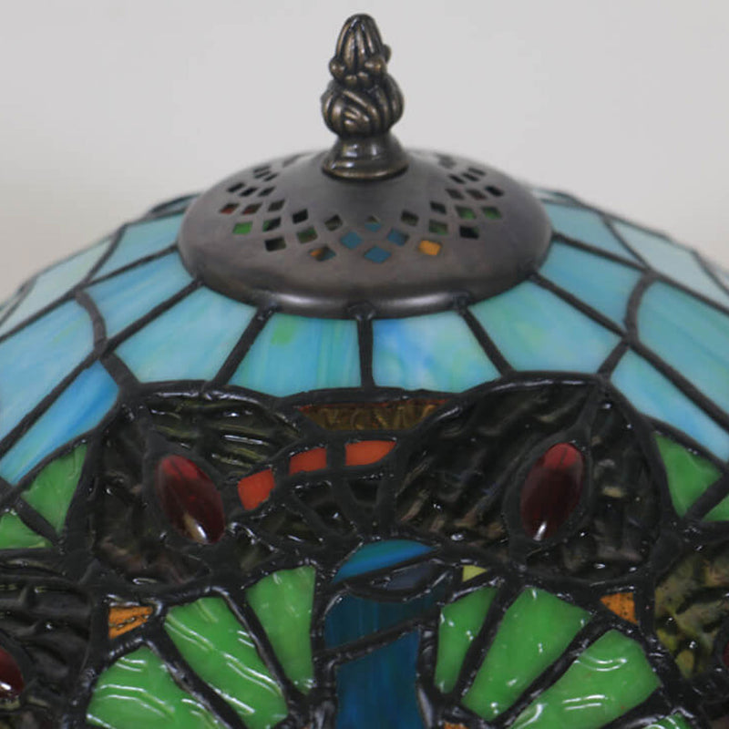 Europäische Tiffany Green Peacock Buntglas 1-Licht-Tischlampe