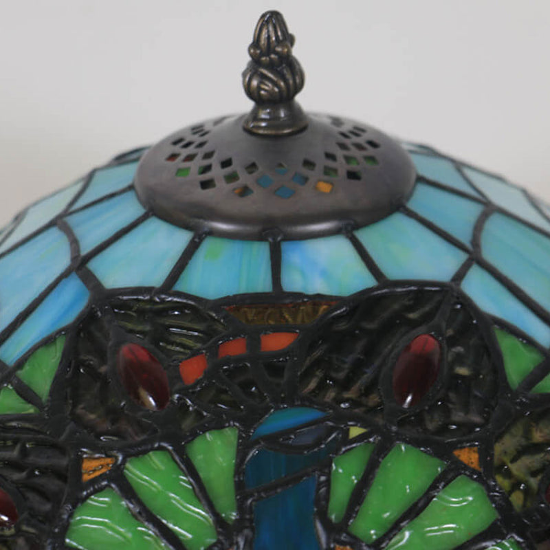 European Tiffany Green Peacock Stained Glass 1-Light Table Lamp