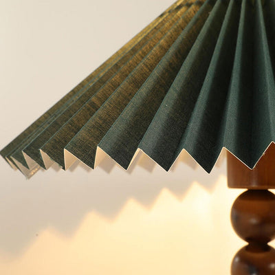 Vintage Dark Green Pleated Solid Wood Base 1-Light Table Lamp