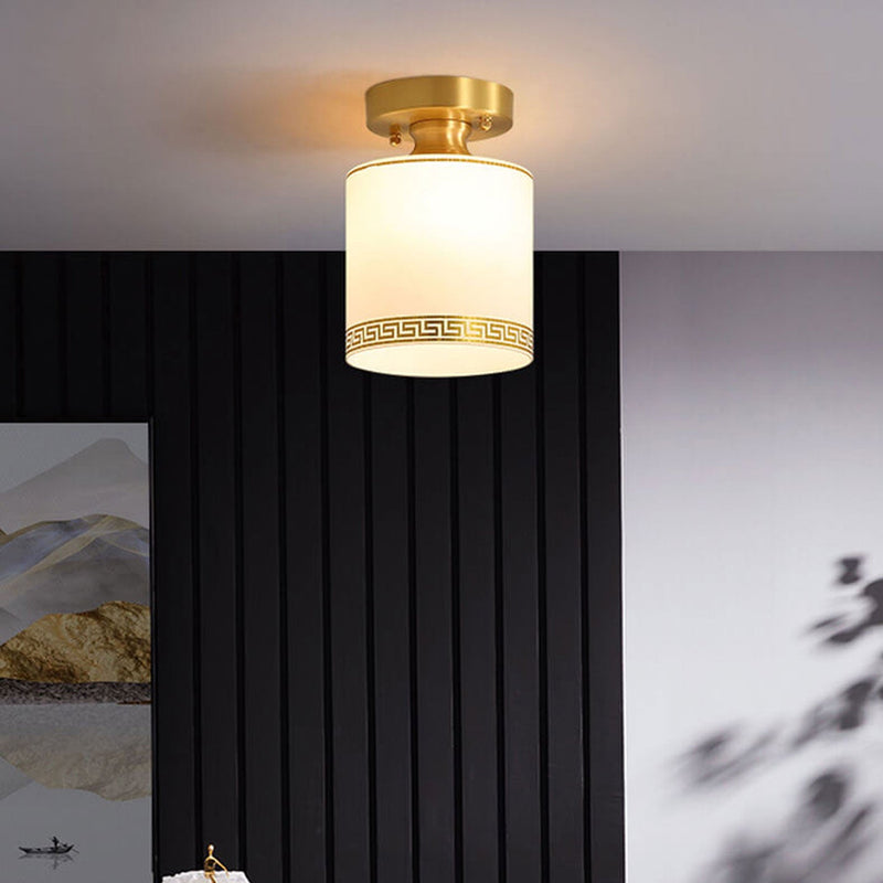 Modern Chinese Full Brass Glass Cylindrical 1-Light Semi-Flush Mount Ceiling Light