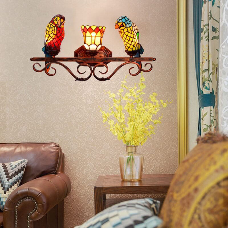 Traditional Tiffany European Retro Parrot Decorative 3-Light Wall Sconce Lamp