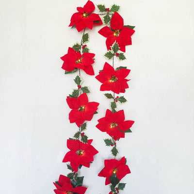 Guirlande lumineuse LED fleur rouge de Noël en faux velours avec fruits 
