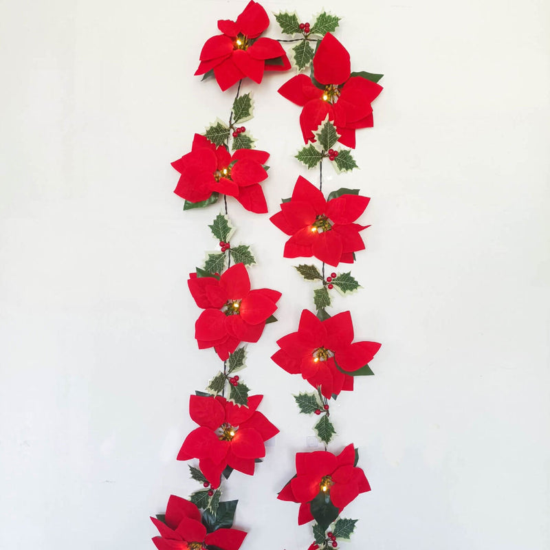 Guirlande lumineuse LED fleur rouge de Noël en faux velours avec fruits 