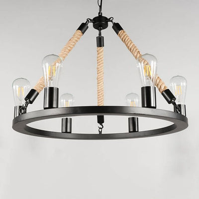 Industrial Circular Black Metal 6/8 Light Hemp Rope Hanging Chandeliers