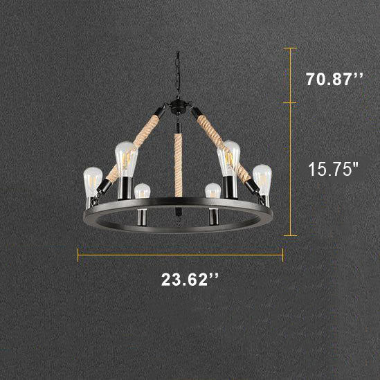 Industrielle kreisförmige schwarze 6/8-Hanfseil-Hängeleuchter aus schwarzem Metall 