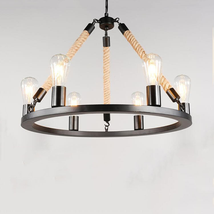 Industrial Circular Black Metal 6/8 Light Hemp Rope Hanging Chandeliers