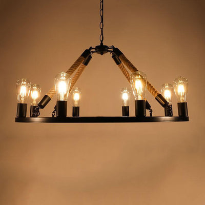 Industrial Circular Black Metal 6/8 Light Hemp Rope Hanging Chandeliers