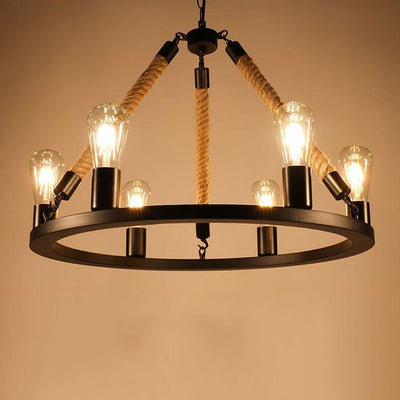 Industrial Circular Black Metal 6/8 Light Hemp Rope Hanging Chandeliers