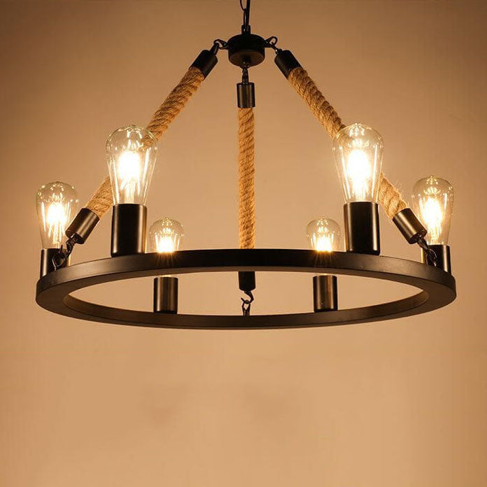 Industrial Circular Black Metal 6/8 Light Hemp Rope Hanging Chandeliers