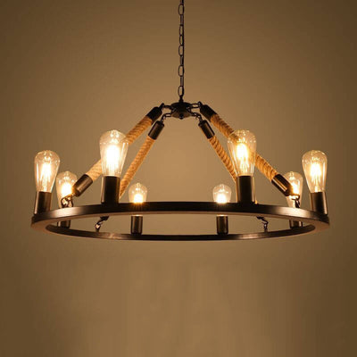 Industrial Circular Black Metal 6/8 Light Hemp Rope Hanging Chandeliers