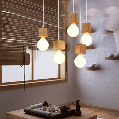 Minimalist Square Wooden Hanging 1-Light Pendant Light