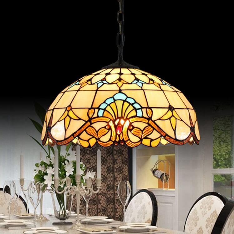 Vintage Tiffany Stained Glass Dome 1-Light Pendant Light